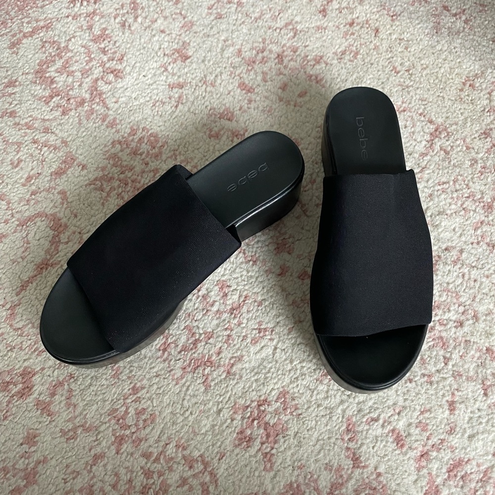 Bebe Chunky Nylon Black Platform Slides, size 8